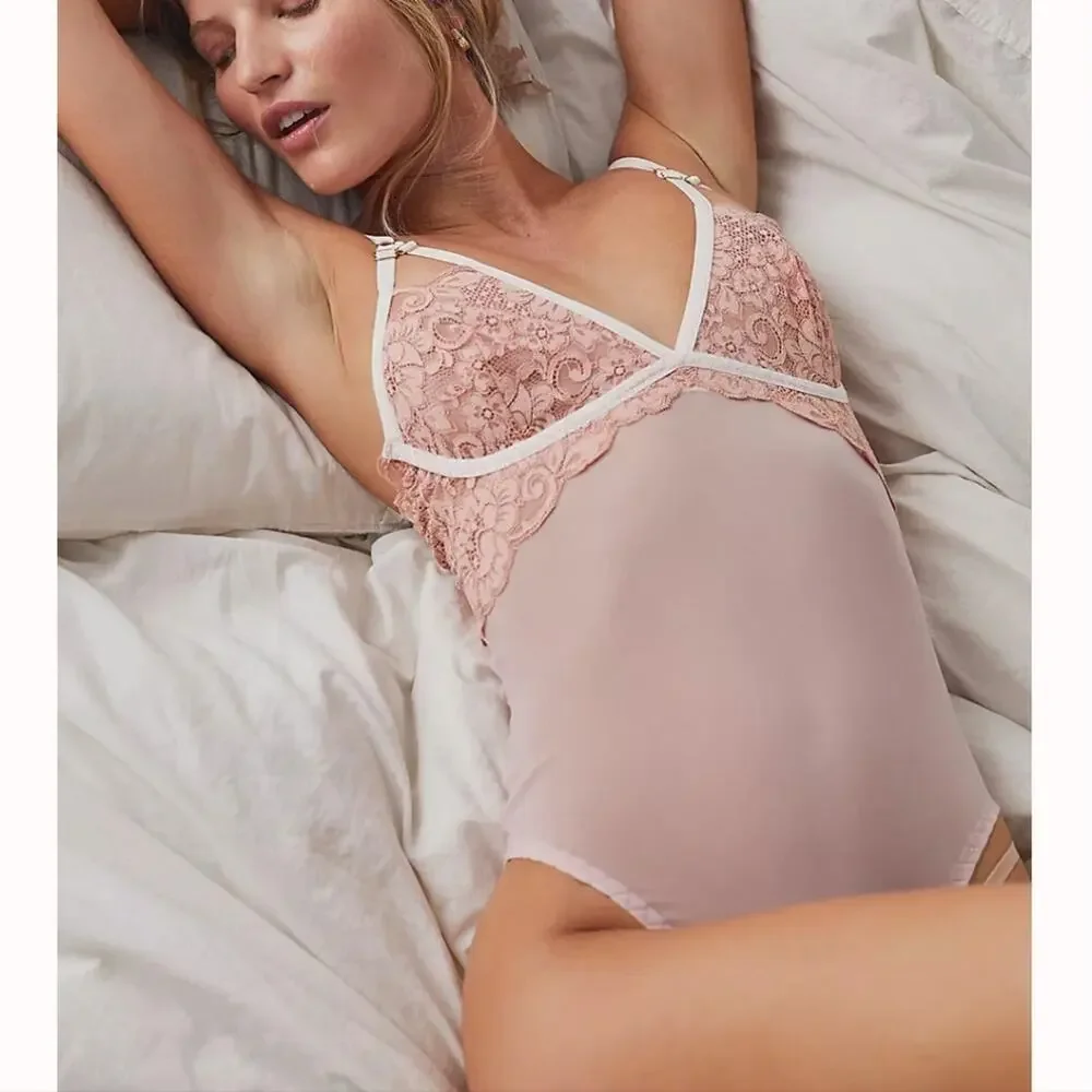 NWT We Are Hah x Free People Bust Out Lace Mesh Bodysuit Sheer Pink Floral XS